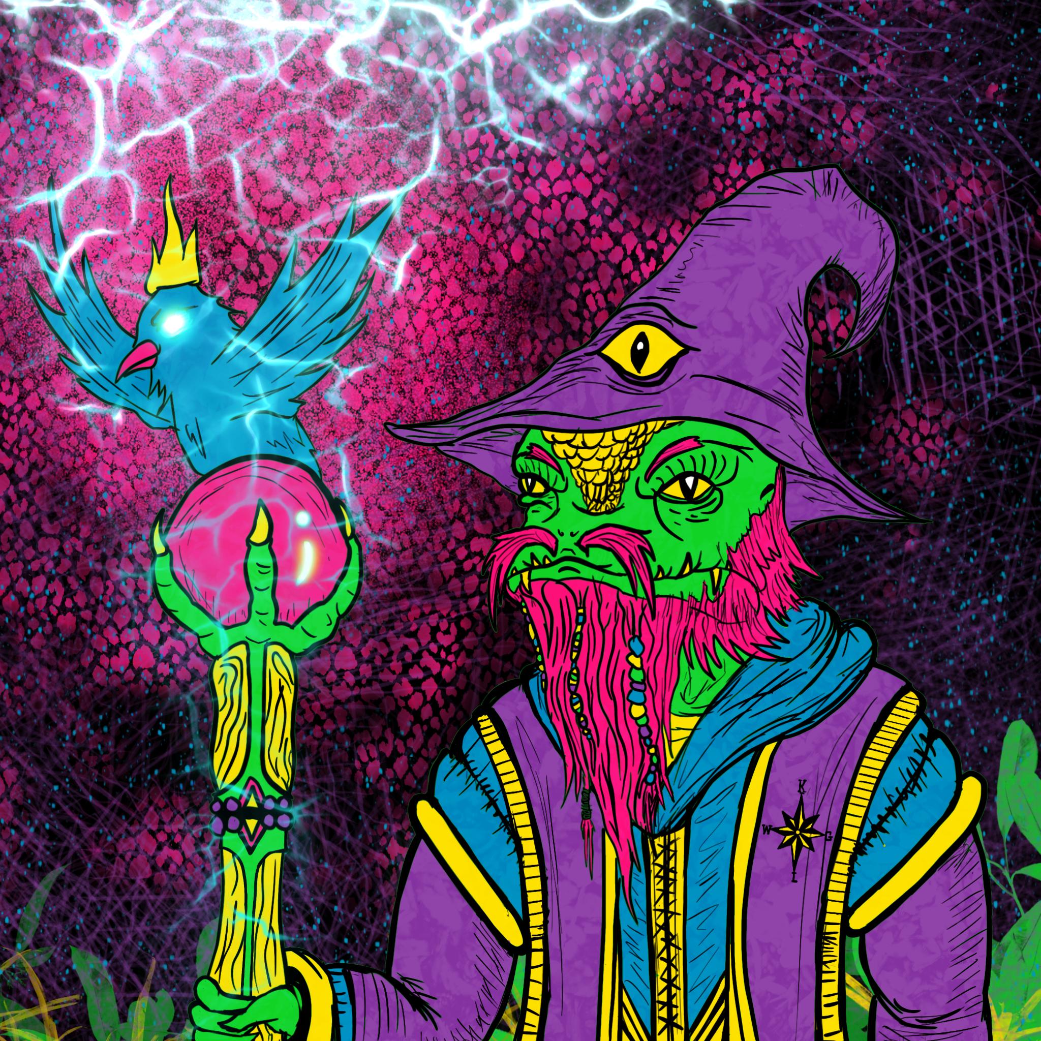 color drawing of a Lizard Wizard, holding a staff with a crowned bird perched atop