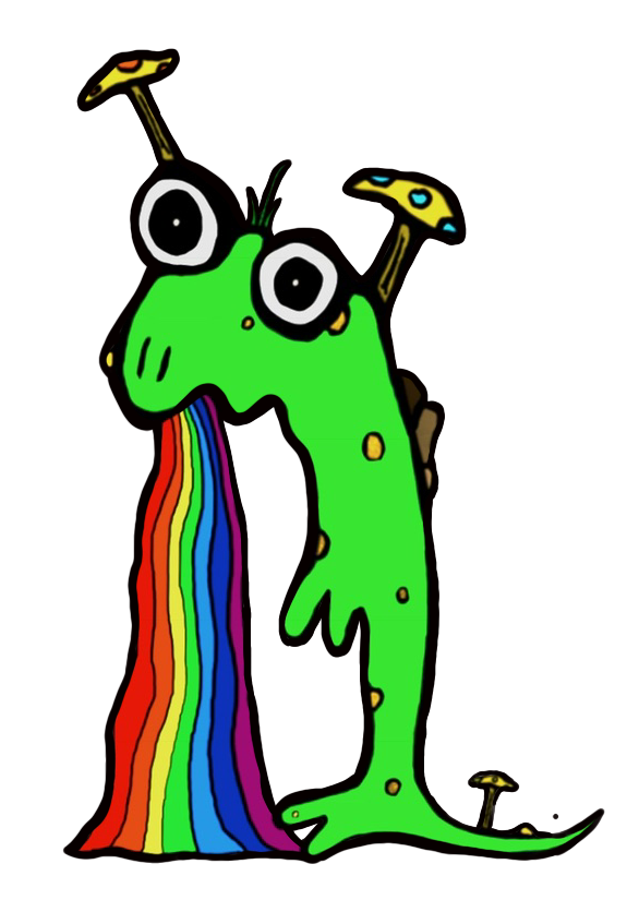 color drawing of 'Lil Giza', a lizard sprouting mushrooms and vomiting rainbows